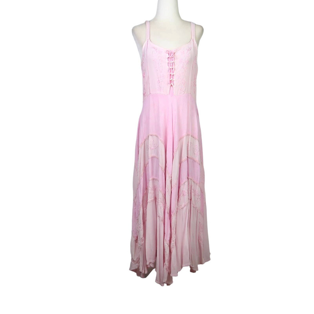 Vintage Pink Pleated Tiered Sundress Milkmade Coastal Lace Front Corset Bohemian